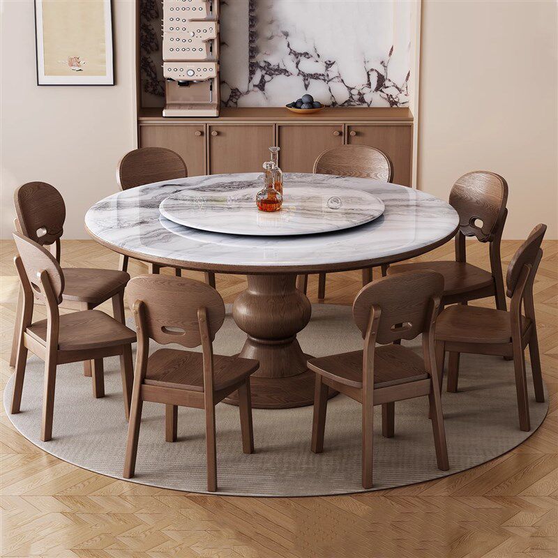 高端全实木微晶石餐桌椅组合中古风家用大理石圆形饭桌超晶石圆桌