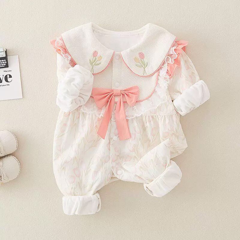 婴儿双层连体衣01岁女宝宝春秋装哈衣可爱公主新生儿外出爬服洋气