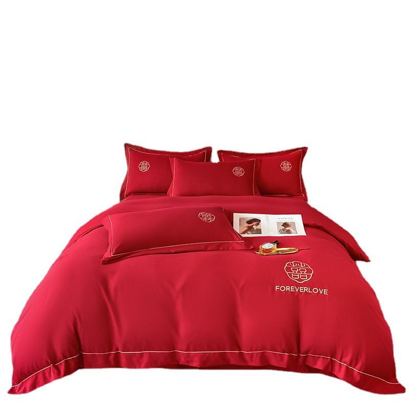 婚庆水洗棉喜庆四件套中式大红色床单高档刺绣被套结婚房床上用品