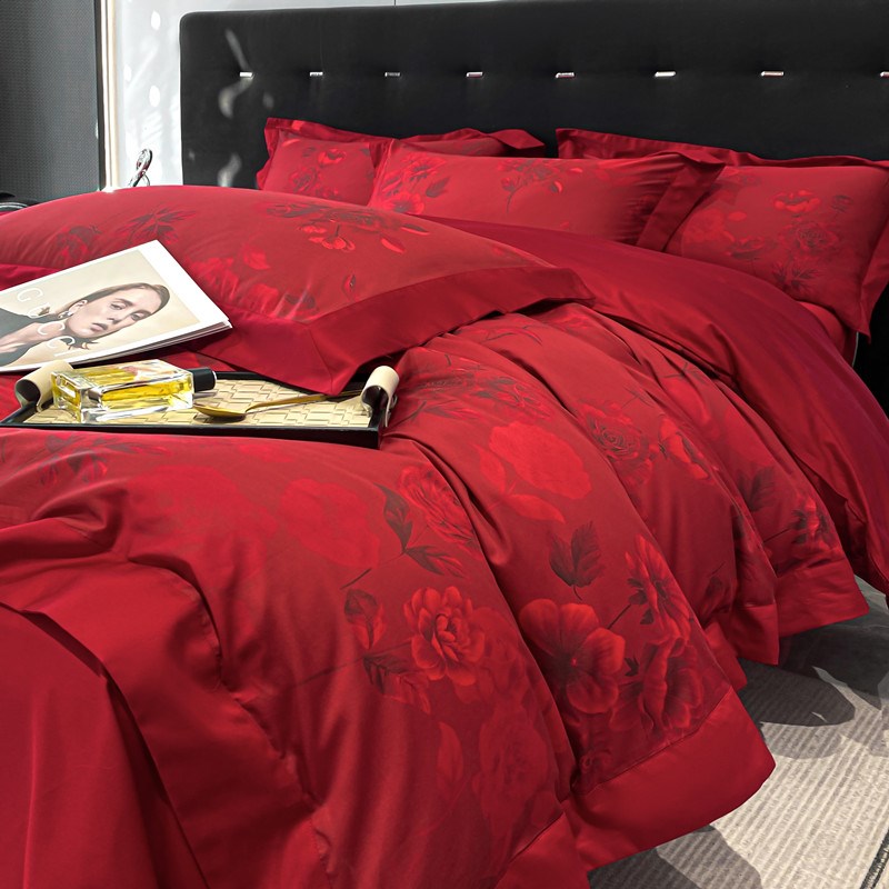 高档中式全棉备婚结婚四件套纯棉红色玫瑰被套婚庆床上用品新婚房