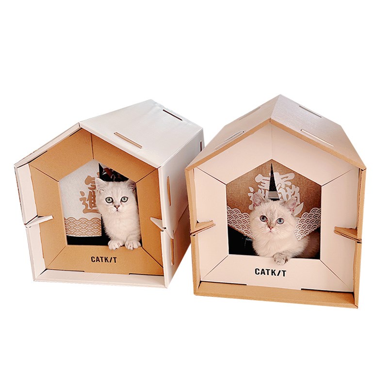 一织猫 日系简约风m纸箱猫窝 瓦楞纸猫抓板全封闭猫屋猫别墅产房