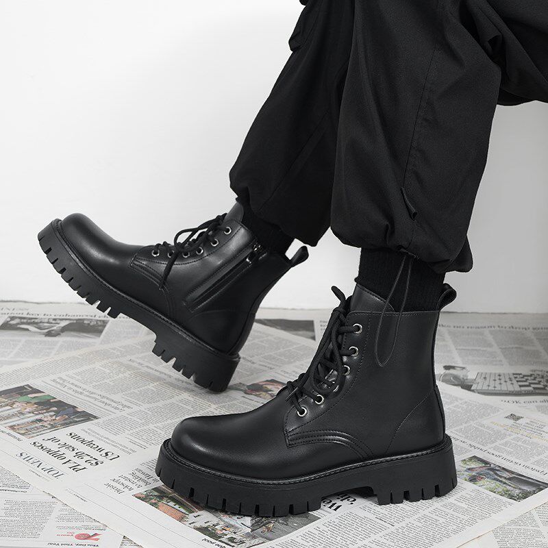 马丁靴男款2024新款秋冬季英伦风高帮皮鞋厚底增高加绒中帮皮靴子