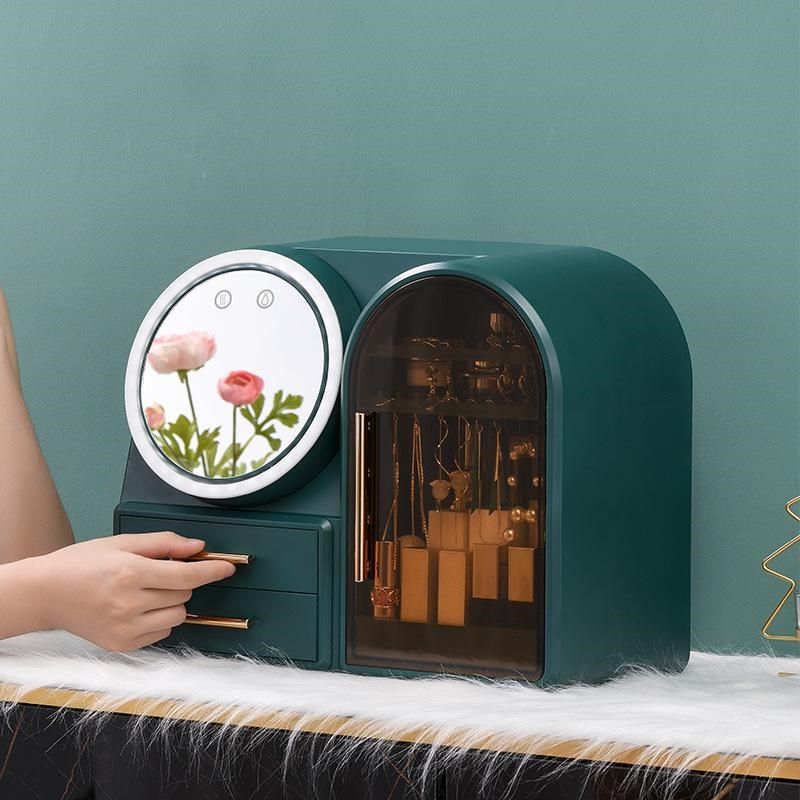 化妆收纳盒带品桌面镜子大容量梳妆一体防尘护肤置物架台高级女感