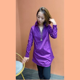 中长款衬衫女长袖春秋季新款韩版重工钉珠镶钻显瘦气质衬衣百搭潮