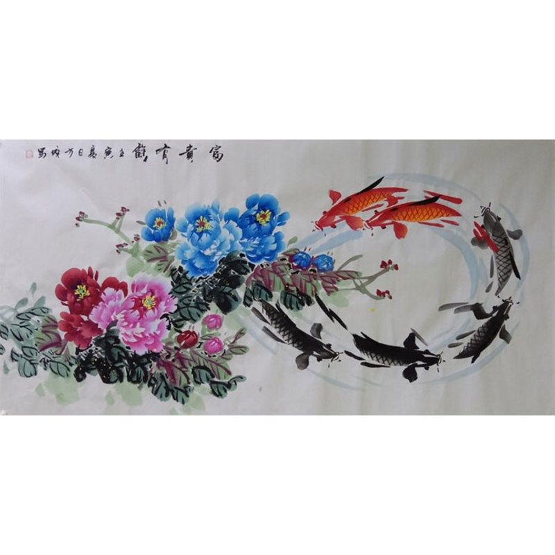 纯手工国画四尺写意牡丹鱼富贵有余客厅挂画,家居饰品,国画,淘宝优惠券,粉丝福利购,淘宝优惠卷