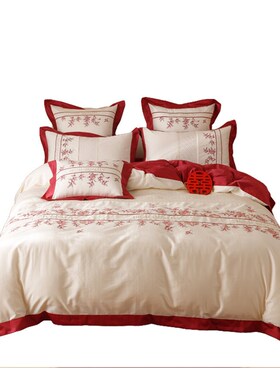 石榴红色婚庆四件套结婚床上用品60支婚嫁喜被新婚纯棉床上六件套