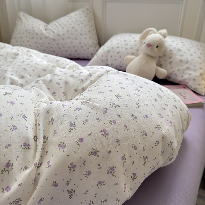 A类婴儿级全棉双层纱四件套纱布紫碎花床上用品被套床单三件