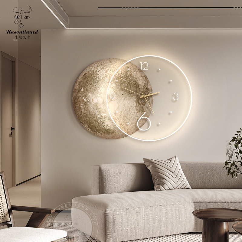 侘寂风客厅装饰画月球挂钟led灯沙发背景墙餐厅玄关高级感壁挂画,家居饰品,现代装饰画,淘宝优惠券,粉丝福利购,淘宝优惠卷