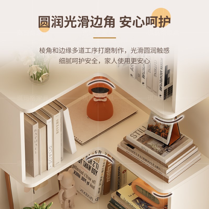 奶油风转角落地书柜靠墙一体书架置物架卧室拐角实木储物柜子定制
