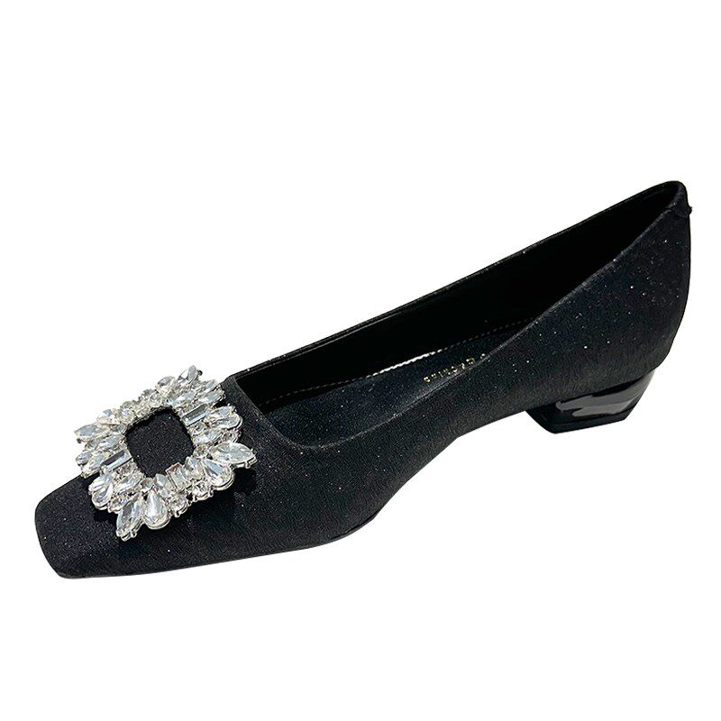 3cm黑色职业高跟鞋女夏2024新款法式小方头浅口水钻低跟工作单鞋