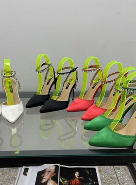 黑色凉鞋包头2025年新r款女宴会细跟缎面尖头夏季水钻高跟鞋后绊