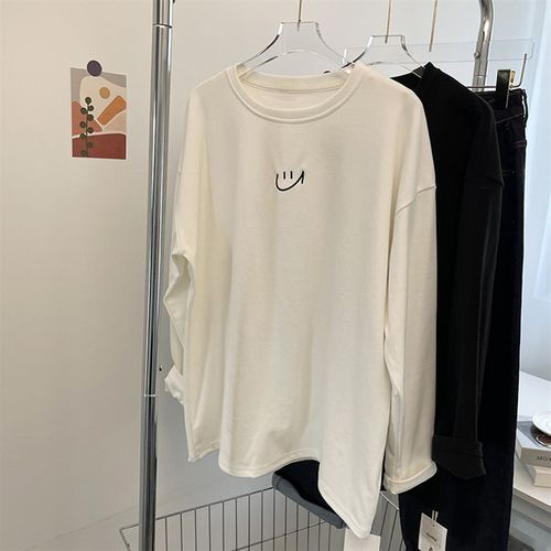 柠波家。笑脸刺绣加厚德绒T恤女冬季宽松圆领内搭白色长袖打底衫
