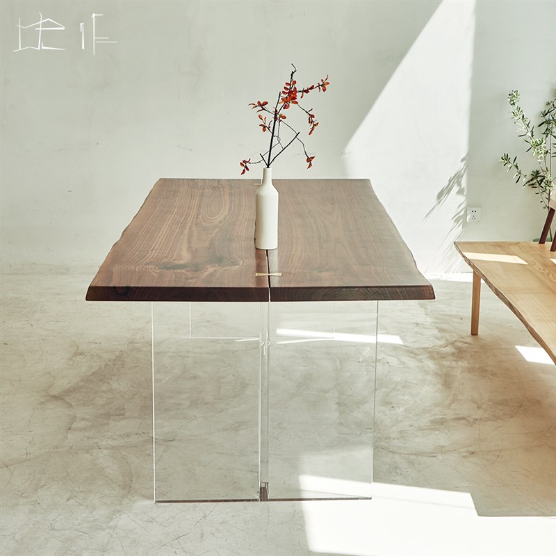 黑胡桃大板实木餐桌原木办公桌z茶桌会议桌客厅桌家用亚克力悬浮