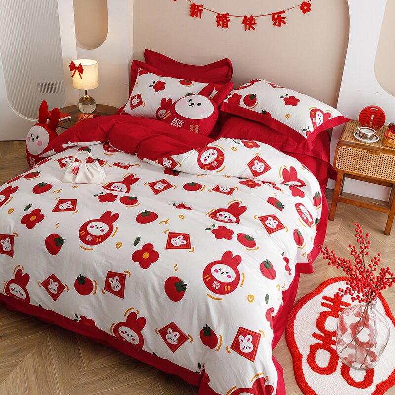 60支长绒棉结婚四件套大红色婚嫁纯G棉床单结婚全棉简约床上用品