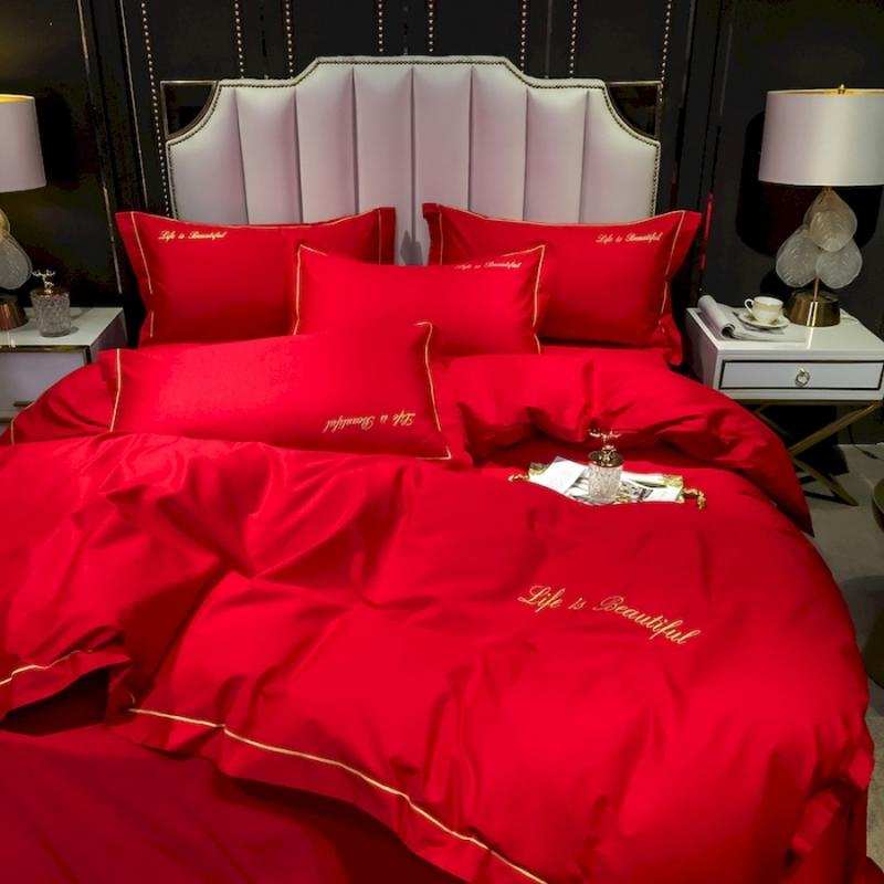 纯棉婚庆四件组h床上用品大红色新婚全棉床单被套结婚陪嫁喜被床