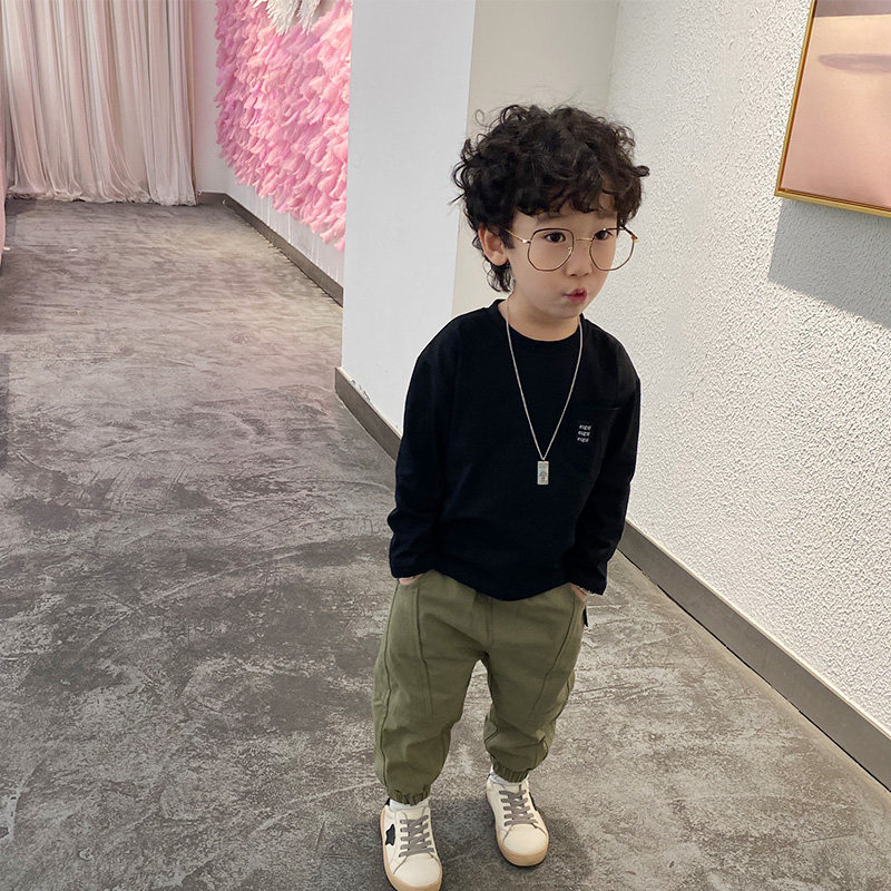 男童白色长袖T恤春秋男宝宝薄款纯色小童内搭黑色打Z底衫潮童