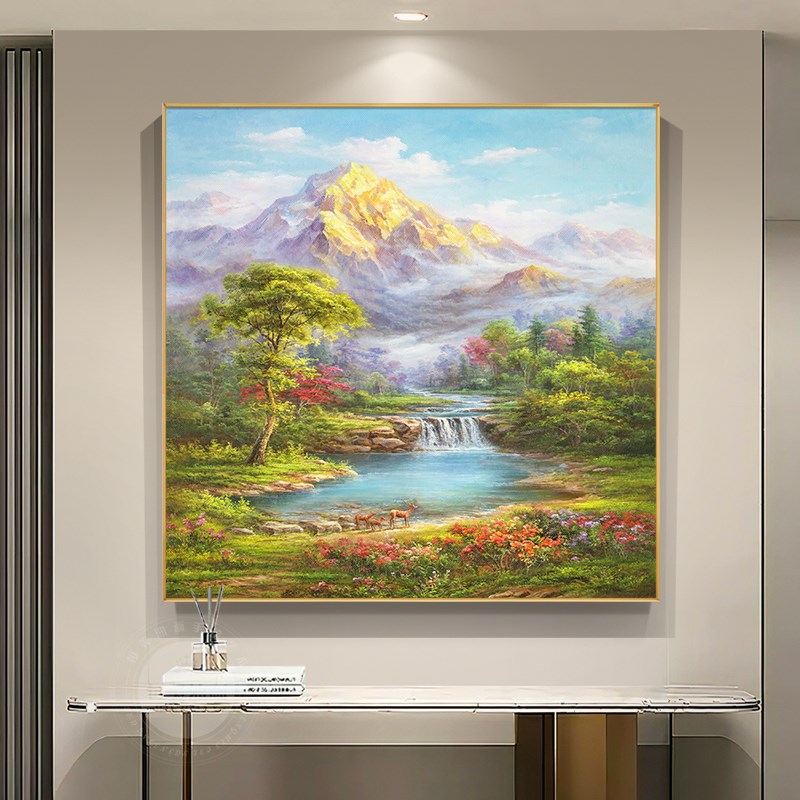 金山聚宝盆餐厅装饰画手绘风景油画玄关轻奢方形挂画三只小鹿壁画图片