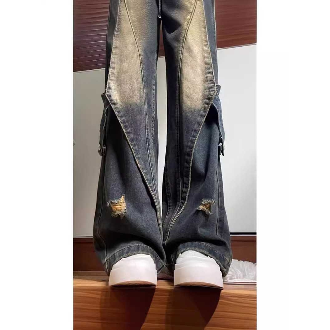 高街vibe重工拼接阔腿牛仔裤子复古水洗绑带设计感直筒宽松工装裤