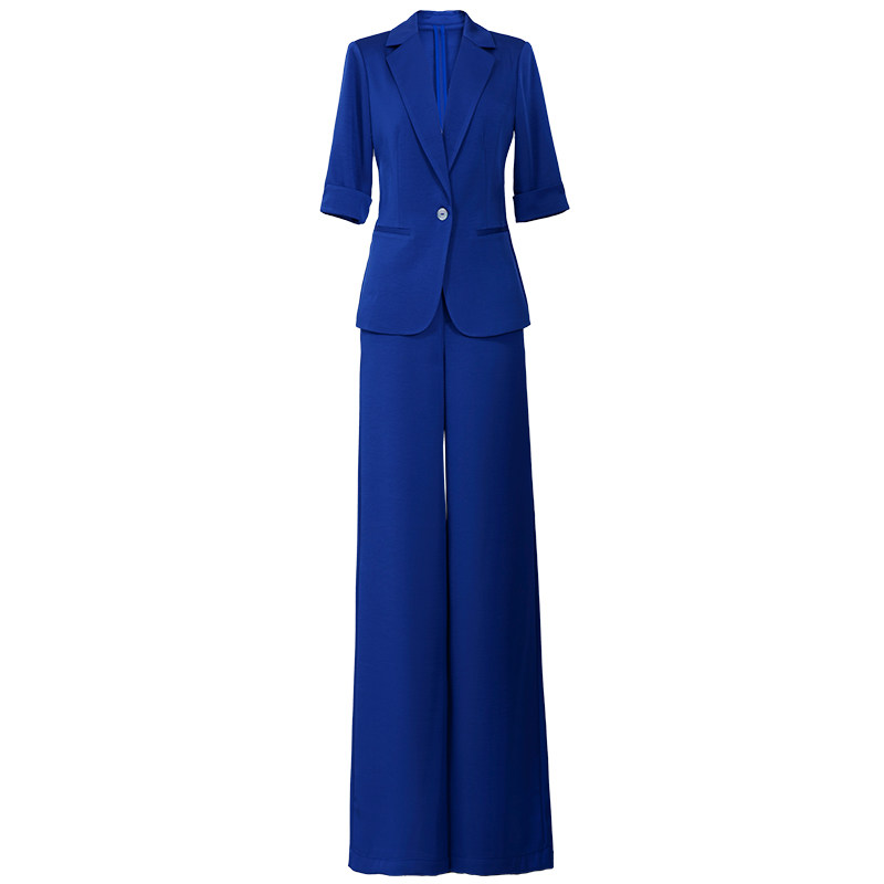 婪诗雅宝蓝色西装套装女夏薄款2021新款时尚气质OL休闲职业两件套