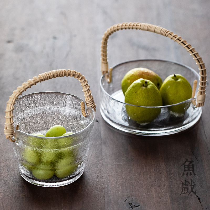 日式玻璃水果篮客厅家用零食盘收纳糖果盒茶几轻奢竹藤提手干果盘