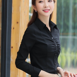 春秋长袖白衬衫女高弹力胸前褶皱气质弹性白色打底工装修身职业装