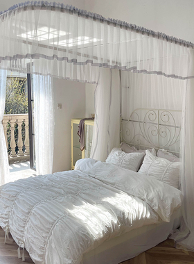 2021新品u型导轨日式蚊帐三开门家用白色加厚加密褶皱1.8m床1.5米