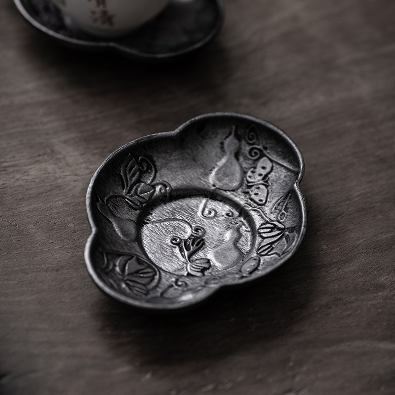 中式纯锡茶杯杯垫茶道用具复古功夫茶杯托做旧老锡制茶道零配件