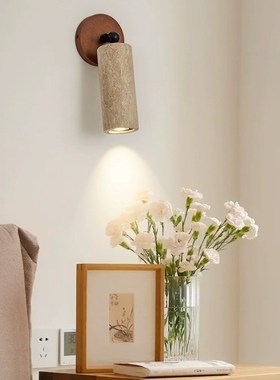 日式侘寂风卧室床头灯黄洞石原木客厅设计师复古民宿带开关壁灯