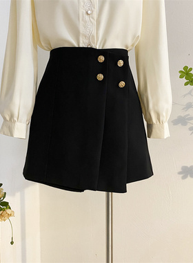 黑色半身裙女春夏高腰A字短裙百搭金属纽扣阔腿短裤外穿裤裙显瘦