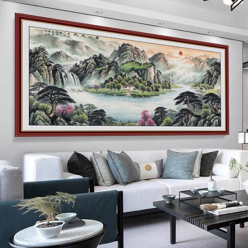 旭日东升聚宝盆办公室字画中式山水客厅国画沙发背景墙纸墙贴壁画