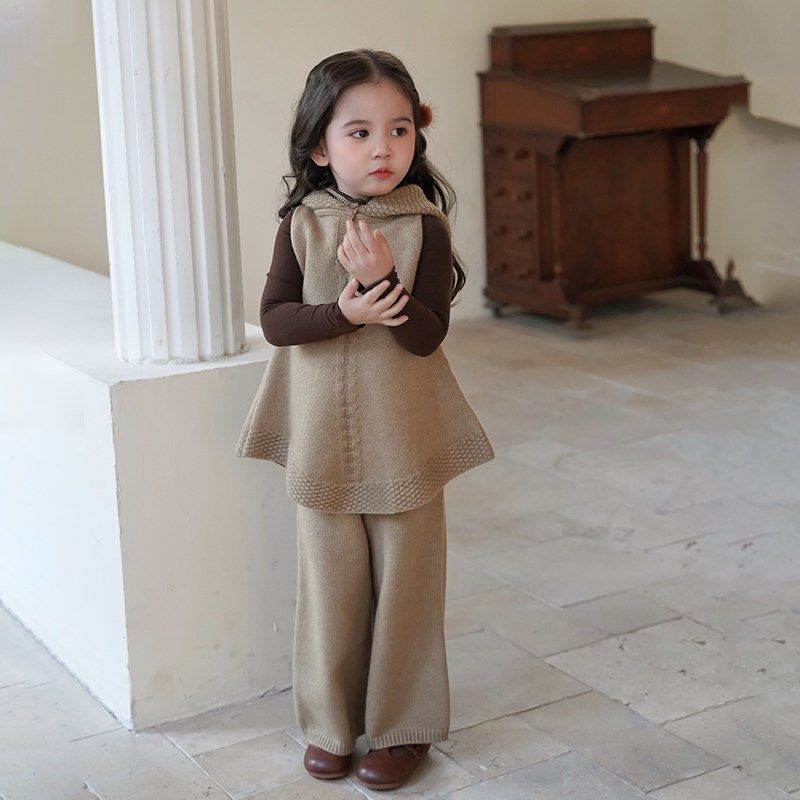 女童春秋新款连帽马甲毛衣套装针织阔腿裤两件套针织背心打底衫潮