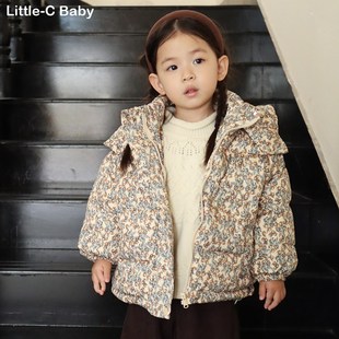 韩国女童2024秋冬新款复古高级感碎花加厚羽绒服宝宝保暖羽绒袄子