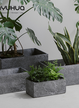 简约灰色水泥矮款阳台长方形花盆北欧仙人掌绿植客厅细窄长条花槽