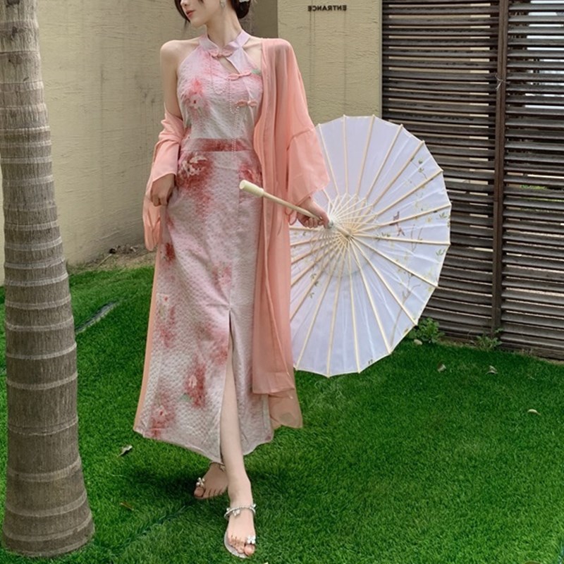 大码胖mm新中式国风盘扣挂脖收腰连衣裙开衫女显瘦开叉改良旗袍裙