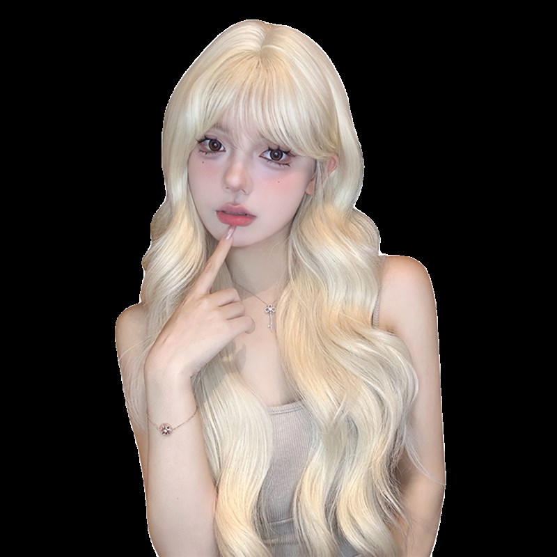 哼唧假发女长发中分齐刘海大波浪长卷发浅金米白仿全真人发全头套