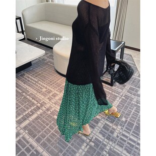 孔雀绿雪纺半身裙子女士2025年夏季新款高腰a字中长款度假小个子