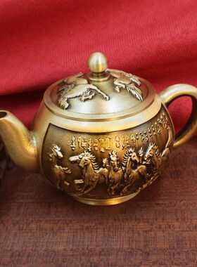 黄铜八骏马手把壶摆件小茶壶黄铜茶壶工艺品茶具百福侧把酒壶家用