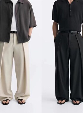 2024秋季新品男装黑色打褶饰宽松阔腿休闲长裤西裤 0706260 800