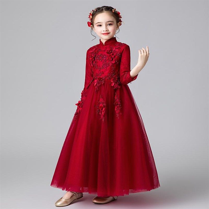 女童礼服主持人生日钢琴公主裙花童婚纱儿童红色气质演出服秋冬季