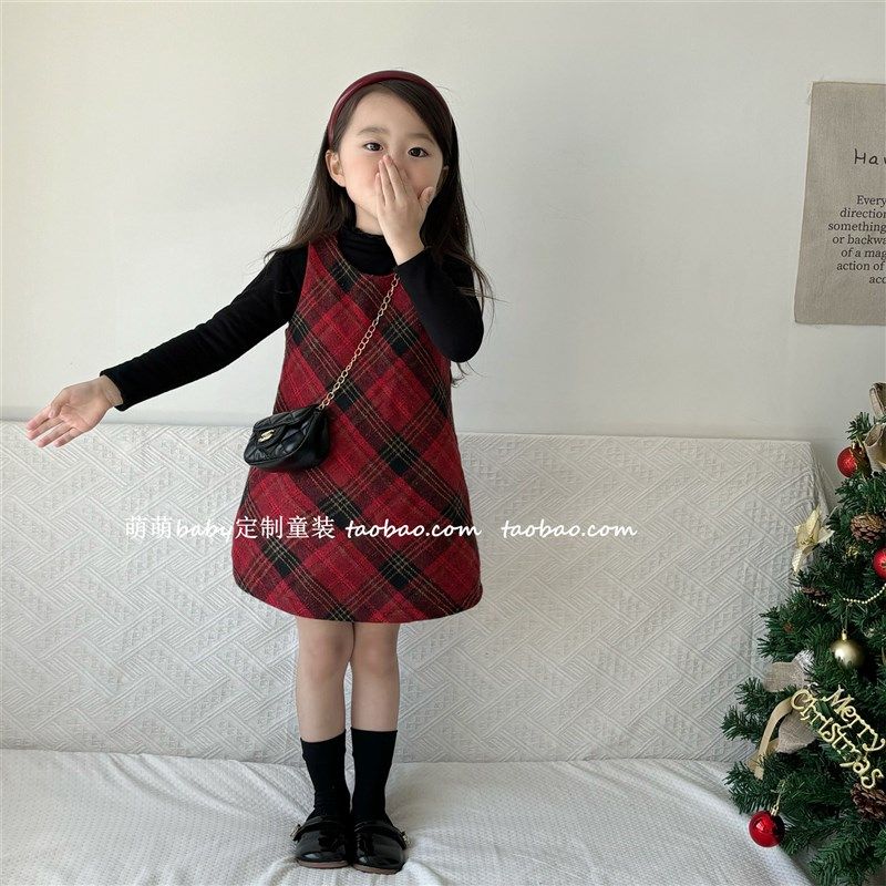 女童红色格子夹棉毛呢背心裙2024秋冬儿童万圣节圣诞连衣裙生日裙