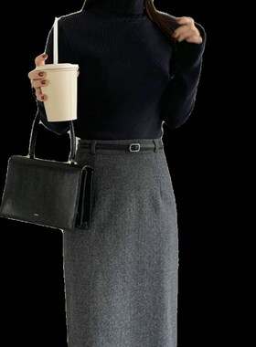 冬黑灰色鱼骨纹羊毛呢子直筒长裙长款半身裙后开叉休闲百搭高腰女