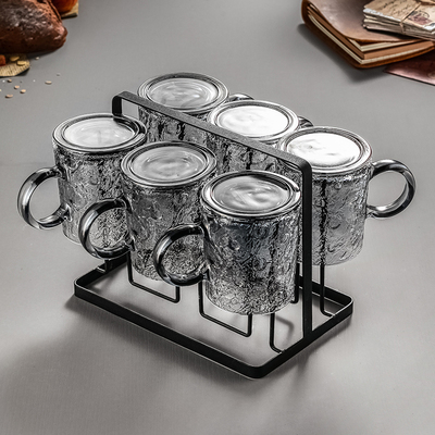 轻奢玻璃水杯家用耐高温带杯架加厚带把手套装高级感喝水杯子茶杯