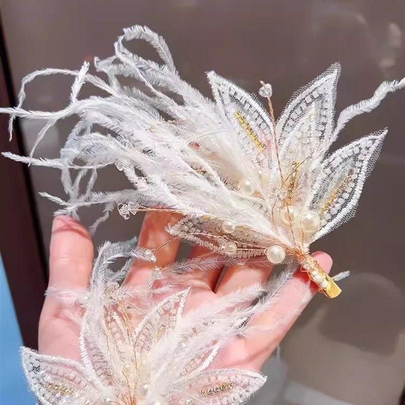 儿童头饰春季珍珠羽毛发夹走秀发卡新娘头饰走秀发饰女童礼服发卡