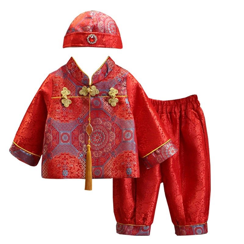宝宝周岁宴礼服春秋季中式唐装男宝百天抓周服套装女婴儿红色衣服