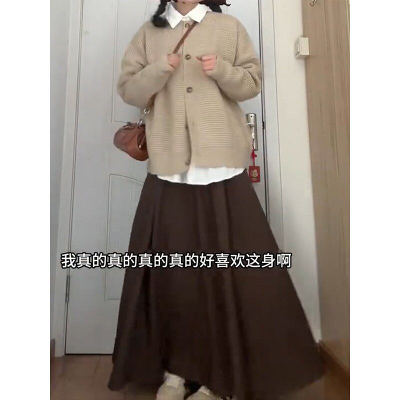 咖色伯克利裙秋冬大码胖mm梨型身材显瘦长裙到脚踝宽松百褶半身裙