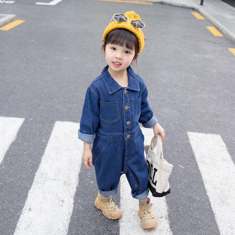 男童牛仔连体衣春秋洋气婴儿衣服连体裤女童工装套装一岁宝宝爬服