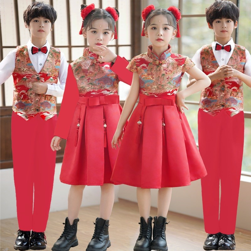 六一儿童演出服唐装中国风秋冬小学生红色合唱团男女童朗诵表演服