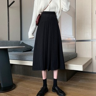 A字裙小个子高腰长裙 中长款 微胖mm大码 黑色百褶裙半身裙2022新款