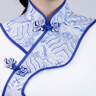 青花瓷旗袍走秀演出礼服加长款迎宾礼仪传统少女装时尚气质中国风