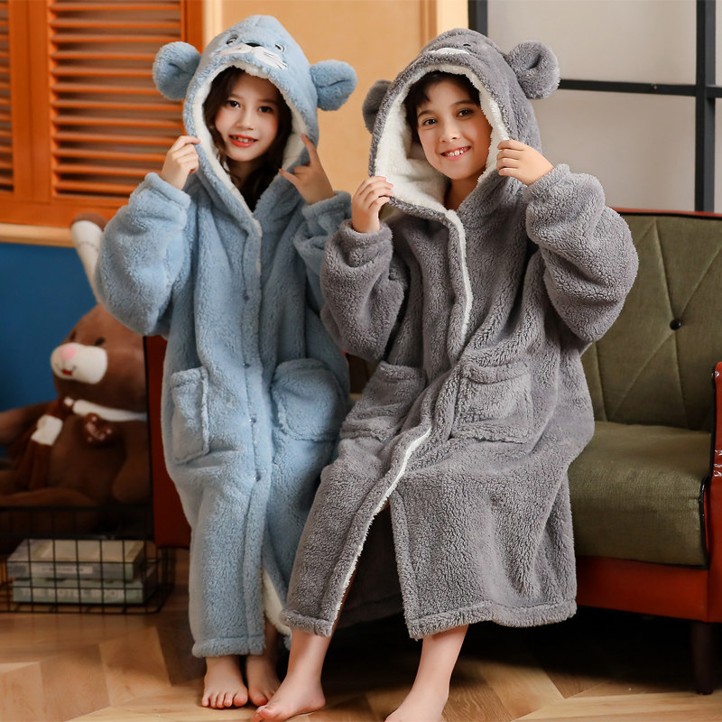 冬季儿童睡袍法兰绒加厚加长款男童家居服珊瑚绒宝宝睡衣卡通浴袍